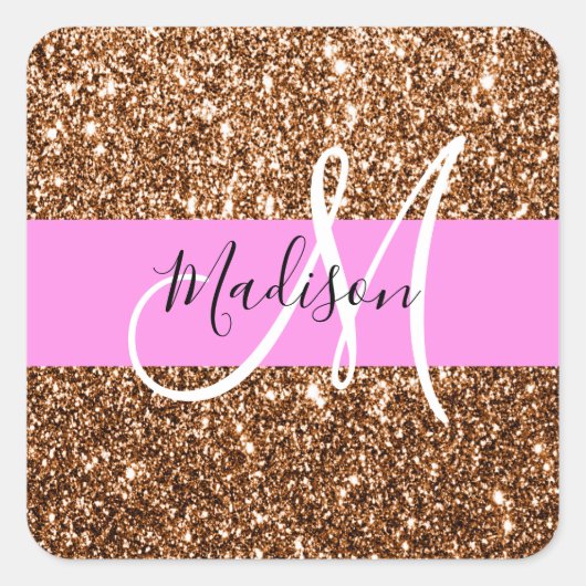 Glam Roze & Bronze Glitter Sparkles Monogram Vierkante Sticker (Voorkant)