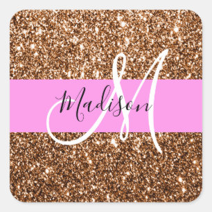 Glam Roze & Bronze Glitter Sparkles Monogram Vierkante Sticker