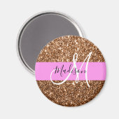 Glam Roze & Bronzen Glitter Vonken Monogram Naam Magneet (Voorkant / Achterkant)