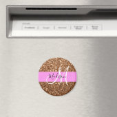 Glam Roze & Bronzen Glitter Vonken Monogram Naam Magneet (Insitu (Vaatwasser))
