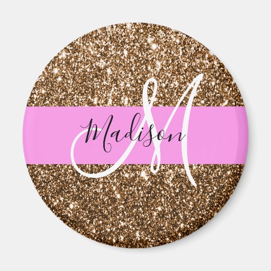Glam Roze & Bronzen Glitter Vonken Monogram Naam Magneet (Voorkant)