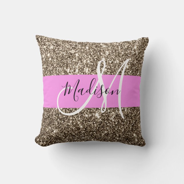 Glam Roze Champagne Gouden Glitters Glans Monogram Kussen (Voorkant)