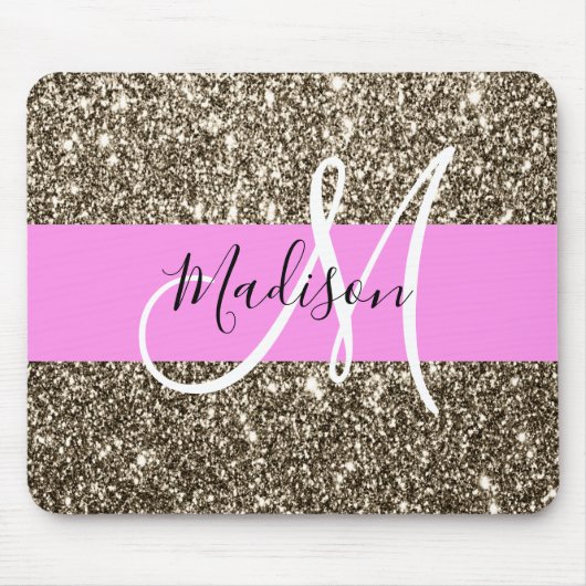 Glam Roze Champagne Gouden Glitters Glans Monogram Muismat (Voorkant)