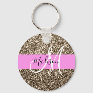 Glam roze champagne gouden glitters glans monogram sleutelhanger