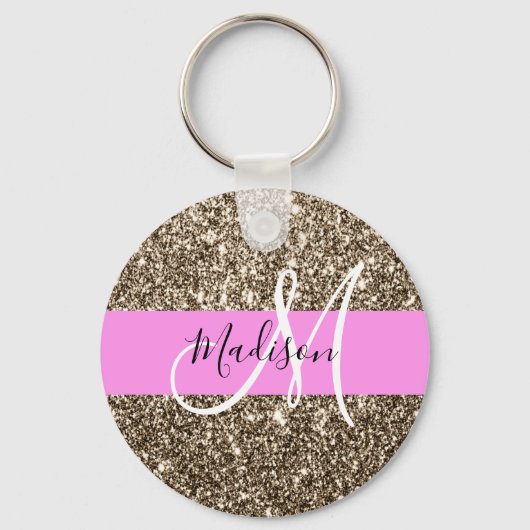 Glam roze champagne gouden glitters glans monogram sleutelhanger (Voorkant)