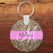 Glam roze champagne gouden glitters glans monogram sleutelhanger (Voorkant)