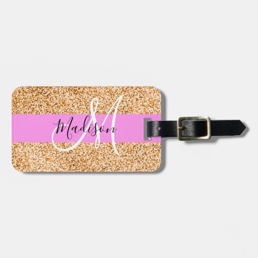 Glam Roze & Copper Glitter Sparkles Monogram Bagagelabel (Voorkant horizontaal)