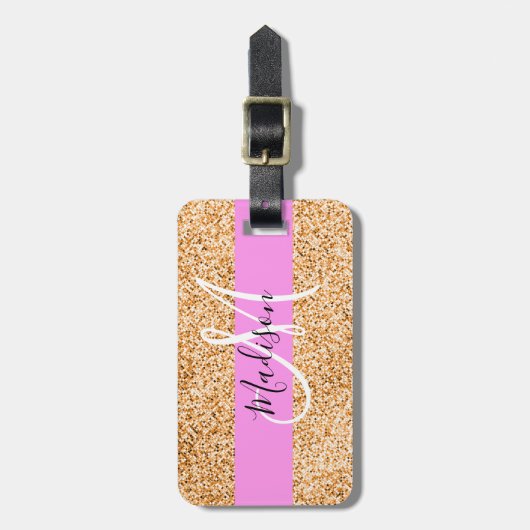 Glam Roze & Copper Glitter Sparkles Monogram Bagagelabel (Voorkant verticaal)