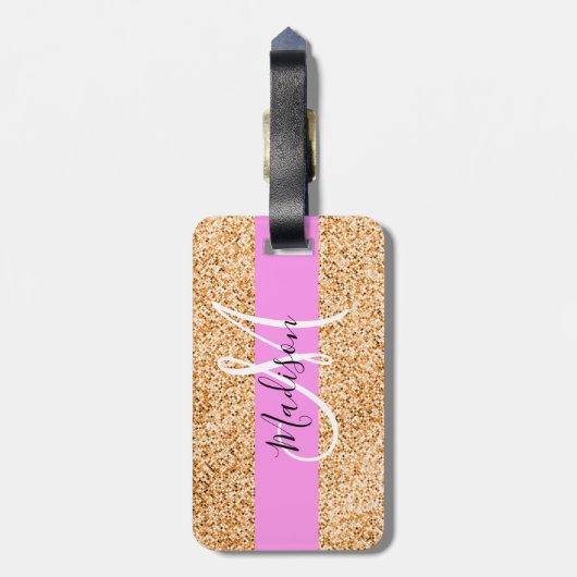 Glam Roze & Copper Glitter Sparkles Monogram Bagagelabel (Achterkant verticaal)