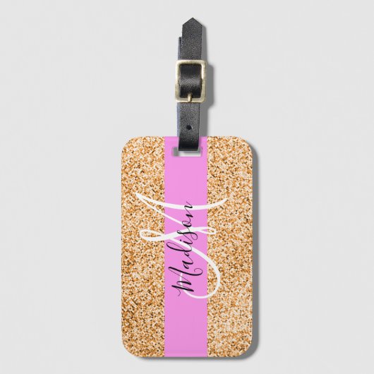 Glam Roze & Copper Glitter Sparkles Monogram Bagagelabel (Voorkant (verticaal))
