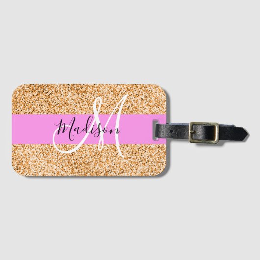 Glam Roze & Copper Glitter Sparkles Monogram Bagagelabel (Voorkant (horizontaal))