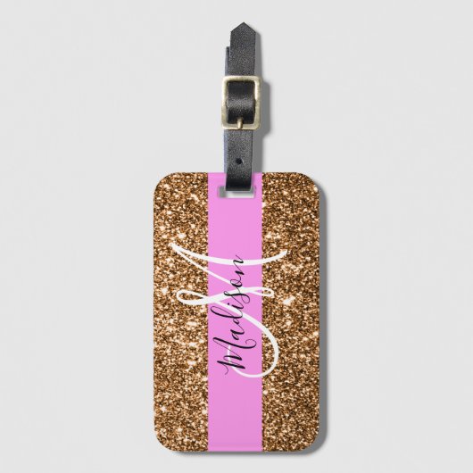 Glam Roze & Copper Glitter Sparkles Monogram Bagagelabel (Voorkant (verticaal))