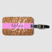 Glam Roze & Copper Glitter Sparkles Monogram Bagagelabel (Voorkant (horizontaal))