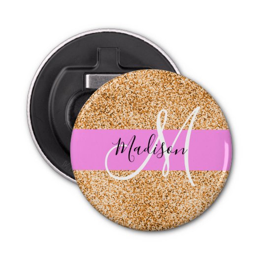 Glam Roze & Copper Glitter Sparkles Monogram Button Flesopener (Voorkant)
