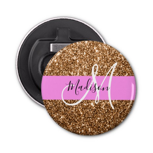 Glam Roze & Copper Glitter Sparkles Monogram Button Flesopener (Voorkant)