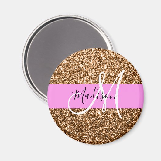 Glam Roze & Copper Glitter Sparkles Monogram Magneet (Voorkant / Achterkant)