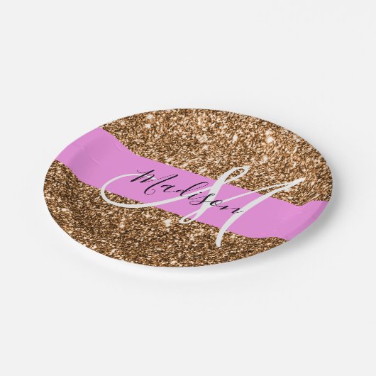 Glam Roze & Copper Glitter Sparkles Monogram Papieren Bordje (Gekanteld)