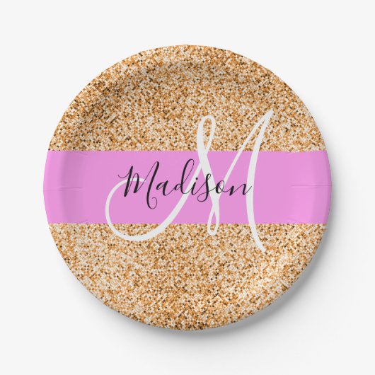 Glam Roze & Copper Glitter Sparkles Monogram Papieren Bordje (Voorkant)