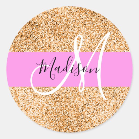 Glam Roze & Copper Glitter Sparkles Monogram Ronde Sticker (Voorkant)