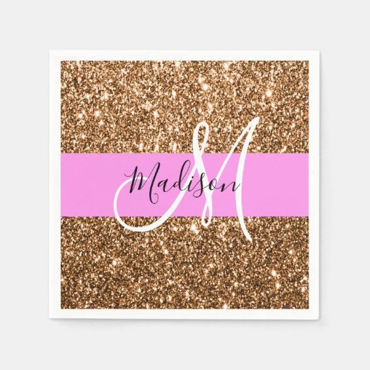 Glam Roze & Copper Glitter Sparkles Monogram Servet (Voorkant)