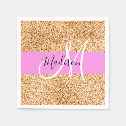 Glam Roze & Copper Glitter Sparkles Monogram Servet (Voorkant)