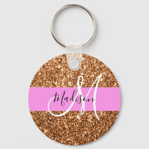 Glam Roze & Copper Glitter Sparkles Monogram Sleutelhanger
