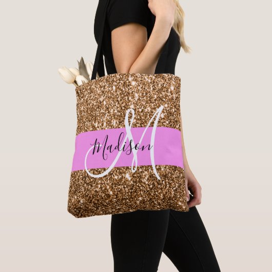 Glam Roze & Copper Glitter Sparkles Monogram Tote Bag (Dichtbij)