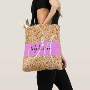 Glam Roze & Copper Glitter Sparkles Monogram Tote Bag