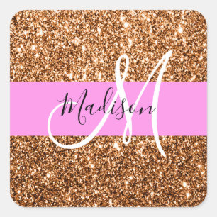 Glam Roze & Copper Glitter Sparkles Monogram Vierkante Sticker