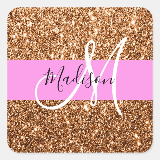 Glam Roze & Copper Glitter Sparkles Monogram Vierkante Sticker (Voorkant)