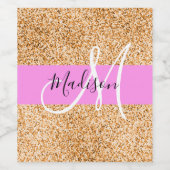Glam Roze & Copper Glitter Sparkles Monogram Wijn Etiket (Enkel label)