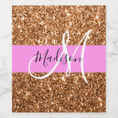 Glam Roze & Copper Glitter Sparkles Monogram Wijn Etiket (Enkel label)