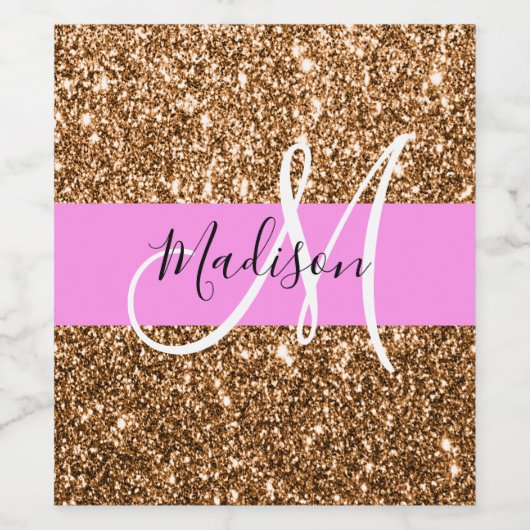 Glam Roze & Copper Glitter Sparkles Monogram Wijn Etiket (Enkel label)