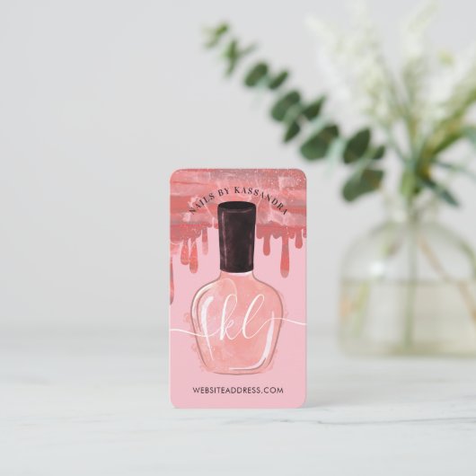Glam roze druppels nagelachtig potmonogram visitekaartje (Staand voorkant)