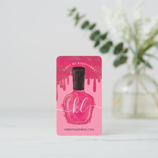 Glam roze druppels nagelachtig potmonogram visitekaartje (Staand voorkant)