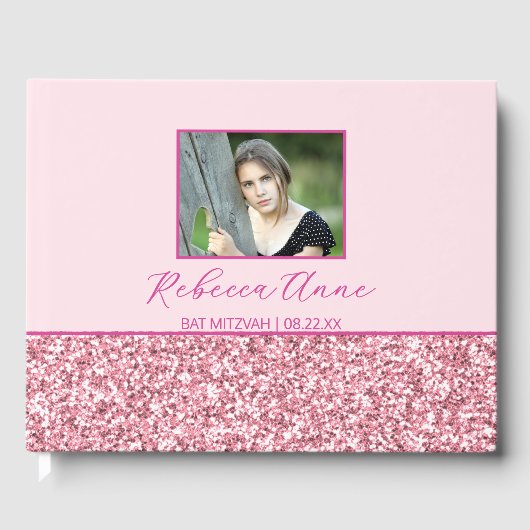 Glam Roze Eenvoudige Elegante Foto Bat Mitzvah Gastenboek (Voorkant)