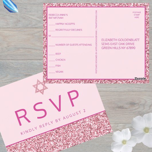 Glam Roze Eenvoudige Moderne Bat Mitzvah RSVP Briefkaart
