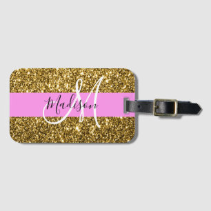 Glam Roze en Gold Glitter Sparkles Monogram Bagagelabel