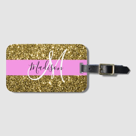 Glam Roze en Gold Glitter Sparkles Monogram Bagagelabel (Voorkant (horizontaal))