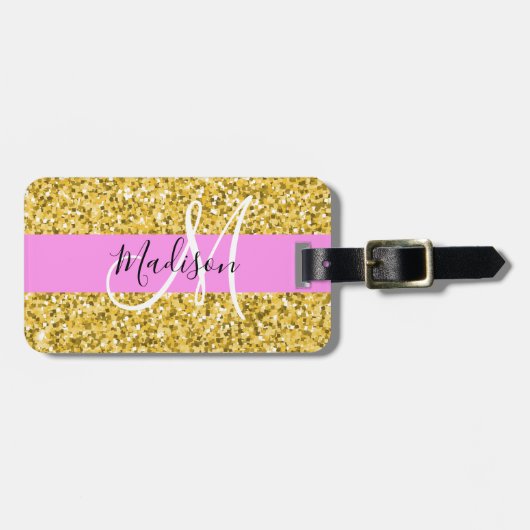 Glam Roze en Gold Glitter Sparkles Monogram Bagagelabel (Voorkant horizontaal)