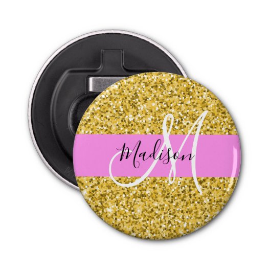 Glam Roze en Gold Glitter Sparkles Monogram Button Flesopener (Voorkant)