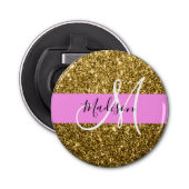 Glam Roze en Gold Glitter Sparkles Monogram Button Flesopener (Voorkant)