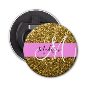 Glam Roze en Gold Glitter Sparkles Monogram Button Flesopener
