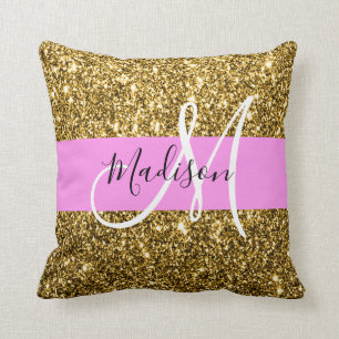 Glam Roze en Gold Glitter Sparkles Monogram Kussen