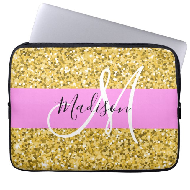 Glam Roze en Gold Glitter Sparkles Monogram Laptop Sleeve (Voorkant)