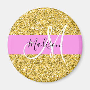 Glam Roze en Gold Glitter Sparkles Monogram Magneet