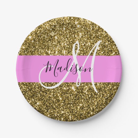 Glam Roze en Gold Glitter Sparkles Monogram Papieren Bordje (Voorkant)