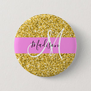 Glam Roze en Gold Glitter Sparkles Monogram Ronde Button 5,7 Cm