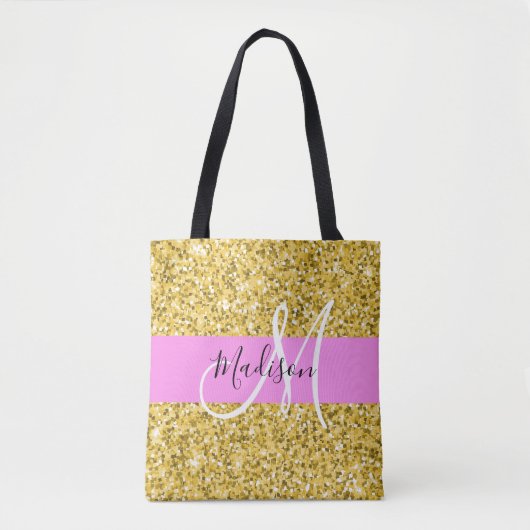Glam Roze en Gold Glitter Sparkles Monogram Tote Bag (Voorkant)