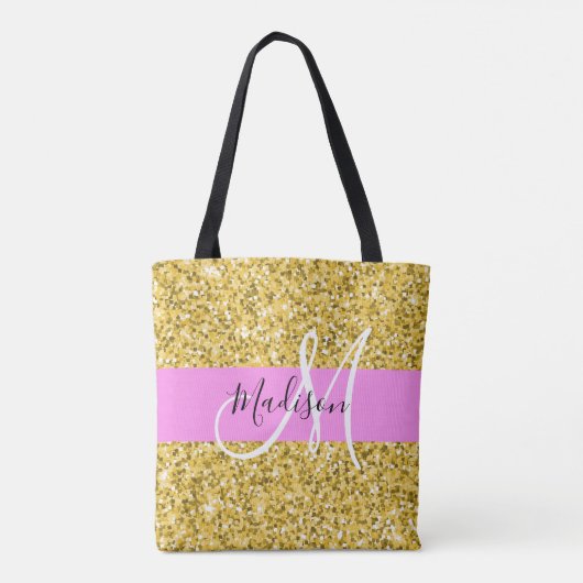 Glam Roze en Gold Glitter Sparkles Monogram Tote Bag (Achterkant)